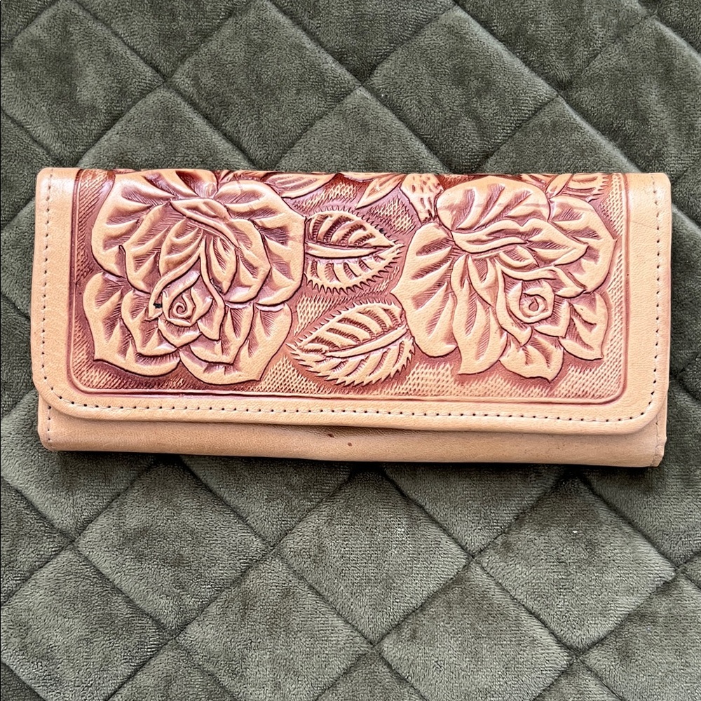 Floral Embossed Tan Leather Clutch